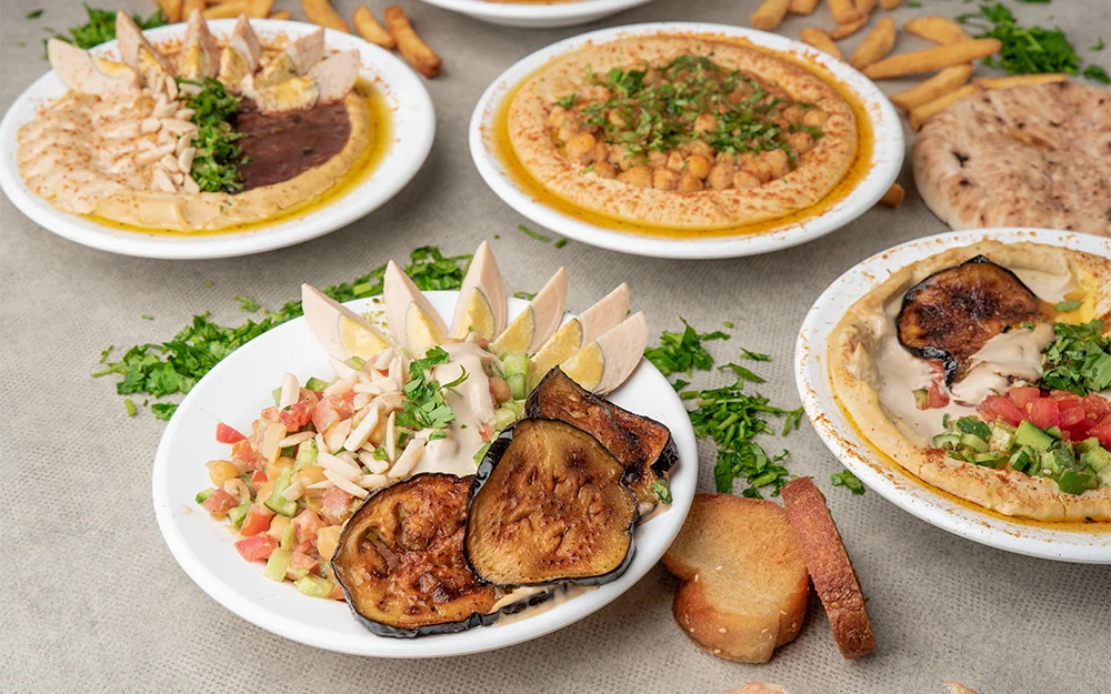 מבחר מנות של חומוס האחים: חומוס, חצילים, סלטים וצ'יפס