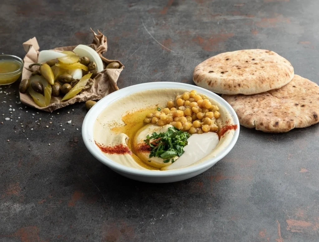 צלחת חומוס קלאסי עם גרגירים, פיתות וחמוצים