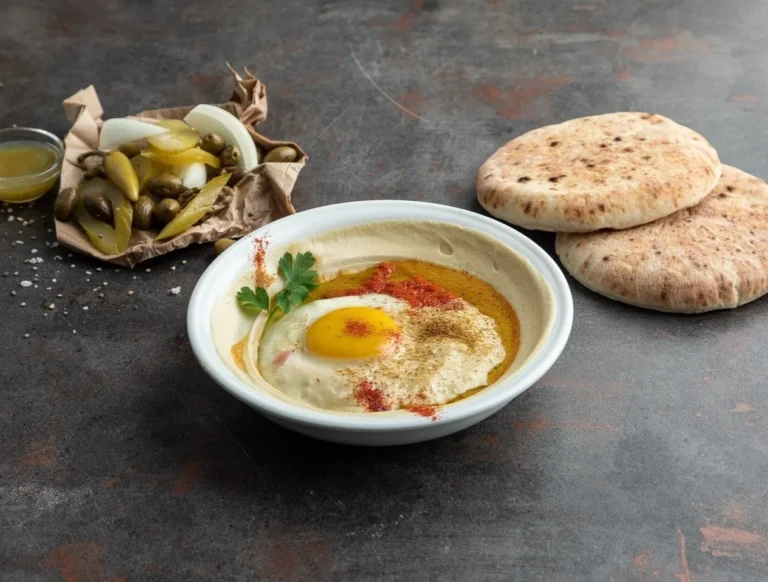 צלחת חומוס עם ביצה, פיתות וחמוצים