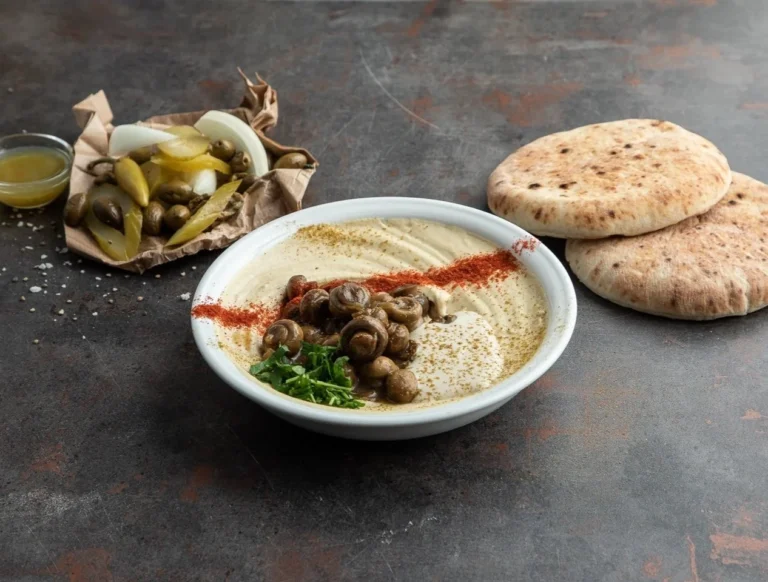 צלחת חומוס עם פטריות, פיתות וחמוצים